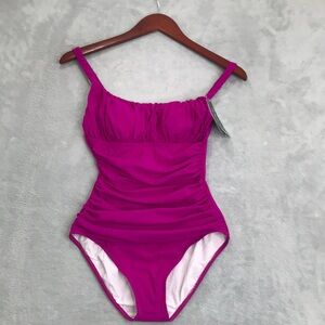 Profile by Gottex Magenta  Peasant Shirred One Piece Swimsuit Size 8 New